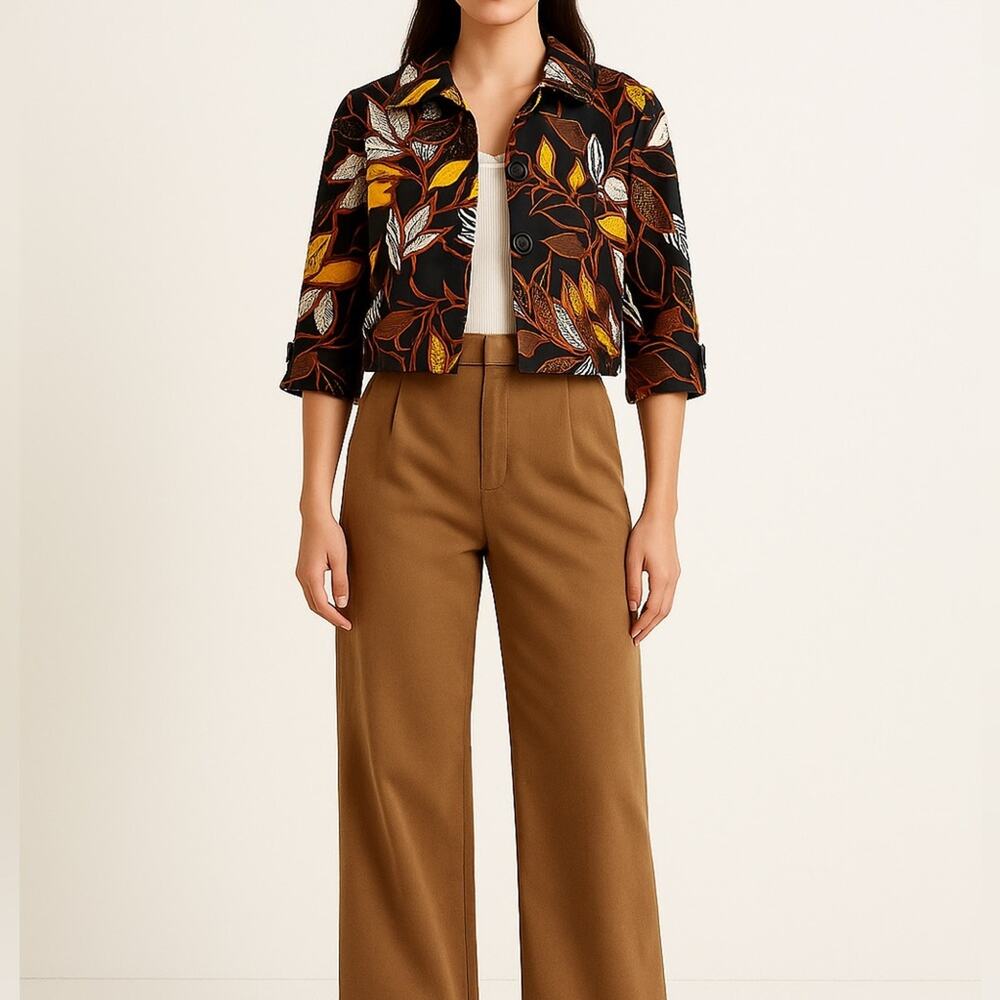 RUBY RD Leaf Print Cropped Jacket | 4P | Yellow Multi | Retro Safari Print